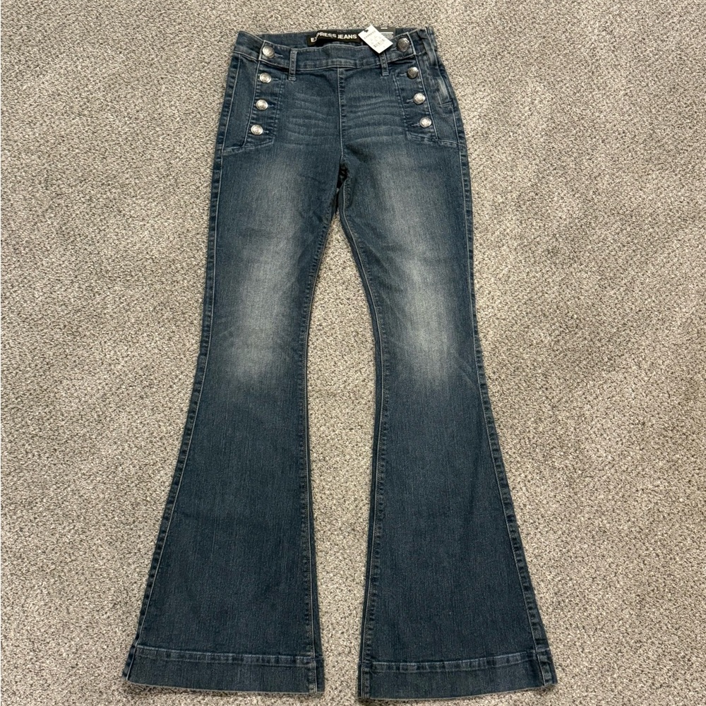 Express Flare Bell Mid Rise Blue Jeans with Side Buttons